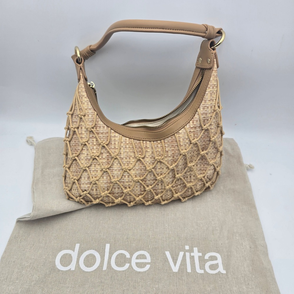 Dolce Vita Tan Woven Raffia Macrame Net Shoulder Bag Boho Hobo Handbag